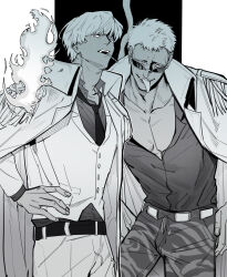 Rule 34 | 2boys, brothers, cigarette, coat, coat on shoulders, donquixote doflamingo, donquixote rocinante, earrings, eyes visible through eyewear, formal, glasses, highres, holding, jewelry, long tongue, looking at viewer, male focus, marine uniform (one piece), mature male, multiple boys, necktie, one piece, open clothes, pants, shirt, short hair, siblings, smile, smoking, sunglasses, tongue, white shirt, zkc fes