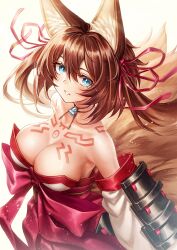 Rule 34 | 1girl, absurdres, animal ears, bare shoulders, blue eyes, breasts, brown hair, caleen keemosn, choker, cleavage, commission, detached sleeves, female focus, fox ears, fox girl, fox tail, hair ribbon, highres, huge breasts, japanese clothes, long hair, looking at viewer, miko, multiple tails, oh you udon, ribbon, runes, simple background, smile, star ocean, star ocean anamnesis, tail, twintails, very long hair