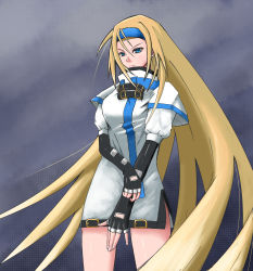 Rule 34 | 1girl, blonde hair, blue eyes, breasts, buckle, closed mouth, dress, elbow gloves, eyebrows, facing viewer, feet out of frame, female focus, fingerless gloves, fingernails, gloves, guilty gear, guilty gear x, guilty gear xx, headband, highres, legs apart, long hair, looking down, millia rage, nose, short dress, solo, standing, tesshii (riza4828), very long hair