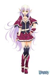 Rule 34 | 1girl, atelier-moo, breasts, cleavage, elf, full body, hair between eyes, hand on own hip, highres, large breasts, long hair, pointy ears, purple hair, silvia milsteen, skirt, smile, solo, standing, thighhighs, very long hair, wizards symphony, yellow eyes, zettai ryouiki
