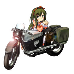 Rule 34 | 00s, 1girl, aged down, green eyes, green hair, hermes (kino no tabi), kino (kino no tabi), kino no tabi, long hair, looking at viewer, motor vehicle, motorcycle, negy, simple background, solo, vehicle, white background