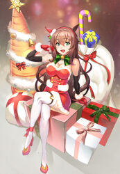 Rule 34 | 1girl, alternate costume, bare shoulders, bell, bow, bowtie, box, breasts, brown hair, candy, candy cane, christmas, christmas tree, cleavage, crossed legs, detached sleeves, dress, ear covers, food, full body, gift, gift box, gloves, green eyes, hairband, high heels, highres, long hair, looking at viewer, maruzensky (umamusume), medium breasts, neck bell, open mouth, red dress, red footwear, red gloves, sack, santa costume, single ear cover, sitting, smile, solo, strapless, strapless dress, takase hiro, thighhighs, umamusume, white thighhighs