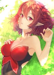 Rule 34 | 1girl, bare shoulders, breasts, cleavage, dappled sunlight, day, dutch angle, elf, grass, hair between eyes, highres, leotard, leyu, looking at viewer, lucid (maplestory), lying, maplestory, medium breasts, on back, pointy ears, red eyes, red hair, short hair, solo, speedpaint, strapless, strapless leotard, sunlight