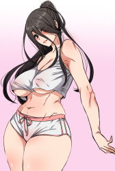 Rule 34 | 1girl, black eyes, black hair, breasts, chokukame, cleavage, collarbone, covered erect nipples, dolphin shorts, gradient background, highres, large breasts, navel, original, ponytail, short shorts, shorts, smile, solo, tank top, toned, underboob, wide hips
