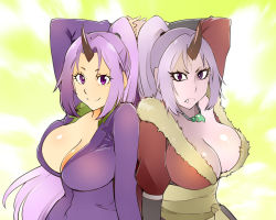 Rule 34 | 1girl, arm above head, arm behind head, arm up, arms behind head, arms up, black horns, breasts, cleavage, closed mouth, collarbone, colored skin, dual persona, fang, female focus, formal, holding hands, horn, horns, jacket, jewelry, large breasts, long hair, looking at viewer, necklace, ogre, oni, oni girl, oni horn, oni horns, pointy ears, ponytail, purple eyes, purple hair, purple jacket, purple skin, purple suit, shiny skin, shion (tensei shitara slime datta ken), short eyebrows, single horn, slit pupils, smile, suit, tensei shitara slime datta ken, ueyama michirou, upper body, yellow background