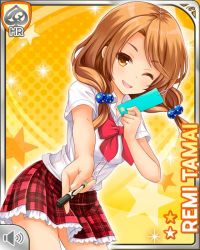 Rule 34 | 1girl, :d, bow, bowtie, brown eyes, brown hair, card (medium), girlfriend (kari), looking at viewer, low twintails, official art, one eye closed, open mouth, plaid, plaid skirt, pleated skirt, qp:flapper, red bow, red skirt, school uniform, shirt, skirt, smile, socks, solo, tagme, tamai remi, tanabata, twintails, white shirt, yellow background