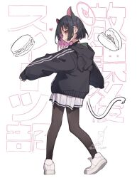 Rule 34 | 1girl, animal ears, artist logo, black hair, black hoodie, blue archive, brown pantyhose, cat ears, choker, colored inner hair, drawn tail, food, full body, hair ornament, hairclip, halo, heart, heel up, highres, hood, hoodie, kazusa (blue archive), long sleeves, looking at viewer, looking back, macaron, multicolored hair, nkst, outstretched arms, pantyhose, pink eyes, shoes, short hair, sideways mouth, skirt, smile, sneakers, solo, spread arms, standing, translation request, twitter username, watermark, white footwear, white skirt
