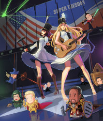 Rule 34 | 3girls, 6+boys, acoustic guitar, american flag, antennae, armor, astra militarum, bare legs, bare shoulders, beard, ben carson, bernie sanders, black cape, black hair, blonde hair, blue eyes, blush, boat, boots, brown footwear, cape, chibi, chris christie, claw hammer, cosplay, dark skin, donald trump, doughnut, dress, dutch angle, ea (fate/stay night), emperor of mankind, emperor of mankind (cosplay), english text, facial hair, fate/stay night, fate (series), floating, flying, food, formal, full body, games workshop, gilgamesh (fate), gilgamesh (fate) (cosplay), guitar, hammer, hat, helmet, high heel boots, high heels, highres, hillary clinton, instrument, john kasich, kantai collection, lance, layered dress, long hair, looking at viewer, looking back, magic, marco rubio, microphone, microphone stand, multiple boys, multiple girls, music, mustache, noah&#039;s ark, old, old man, pacific (kancolle), parody, playing instrument, polearm, real life, red cape, red eyes, shako cap, shield, sima naoteng, smile, staff, standing, suit, super tuesday, ted cruz, terminator (series), the terminator, uniform, uss oklahoma (bb-37), uss tennessee (bb-43), warcraft, warhammer, warhammer 40k, watercraft, weapon, white footwear, witch hat, world of warcraft, yellow eyes