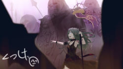 Rule 34 | 1girl, 3others, absurdres, arm tattoo, belt, black dress, blurry, blurry foreground, character request, collar, commentary request, cuffs, dress, flag, green hair, highres, holding, holding staff, long hair, megido72, multiple others, nicporim, open mouth, pointing, shackles, size difference, staff, tattoo