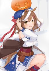 Rule 34 | 1girl, animal ears, belt, belt pouch, breasts, brown eyes, commentary request, hair between eyes, hair ornament, hairclip, hat, highres, horse ears, horse girl, horse tail, inanami, looking at viewer, matikane tannhauser (umamusume), medium breasts, medium hair, open mouth, pouch, pumpkin, simple background, solo, tail, umamusume, white background