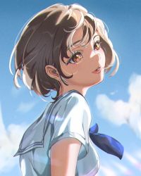 Rule 34 | 1girl, absurdres, blue neckerchief, breasts, brown hair, cloud, cloudy sky, commentary request, from behind, head tilt, highres, lips, looking to the side, natsume hinako, neckerchief, orange eyes, original, parted lips, sailor collar, school uniform, serafuku, shirt, short hair, short sleeves, sky, small breasts, turning head, upper body, white sailor collar, white shirt, wind