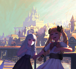 Rule 34 | 2girls, alternate costume, black bow, blonde hair, bow, castle, day, dress, elise (fire emblem), closed eyes, fakewaffle, fire emblem, fire emblem fates, fire emblem heroes, grey hair, hair bow, holding hands, long hair, multicolored hair, multiple girls, nintendo, open mouth, outdoors, pink bow, purple hair, red eyes, short sleeves, sky, twintails, veronica (fire emblem)