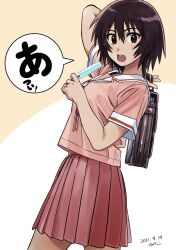 Rule 34 | 1girl, :o, arm up, artist name, azumanga daioh&#039;s school uniform, azumanga daiou, bag, black eyes, blush, breasts, brown background, brown bag, brown hair, circle, commentary, cowboy shot, dark-skinned female, dark skin, dated, artistic error, food, from side, hair between eyes, highres, kagura (azumanga daioh), large breasts, long bangs, looking at viewer, looking to the side, marker (medium), nabeta (currynabe), neck ribbon, open mouth, over shoulder, pink ribbon, pink serafuku, pink shirt, pleated skirt, popsicle, red skirt, ribbon, sailor collar, school bag, school uniform, serafuku, shirt, short sleeves, signature, skirt, speech bubble, teeth, traditional media, translated, two-tone background, upper teeth only, walking, white background, white sailor collar, winter uniform