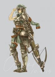 Rule 34 | armor, belt, capcom, character request, goggles, gun, hat, monster hunter (series), ocean (moguyobi), simple background, thighhighs, weapon