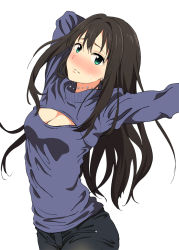 Rule 34 | 10s, 1girl, black hair, blush, breasts, cleavage cutout, clothing cutout, earrings, highres, idolmaster, idolmaster cinderella girls, jewelry, long hair, meme attire, necklace, open-chest sweater, shibuya rin, simple background, solo, sweater, turtleneck, yoshiki360