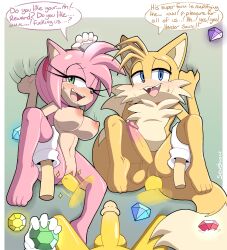 Rule 34 | 1girl, 2boys, absurdres, amy rose, anal, barefoot, bisexual male, blue eyes, breasts, chaos emerald, dialogue box, english text, erection, fox boy, furry, gloves, grabbing sheets, green eyes, group sex, hairband, highres, large breasts, multiple boys, nude, penis, pov, precum, pussy, senshionart, sex, smile, sonic (series), sonic the hedgehog, super sonic, tail, tails (sonic), testicles, threesome