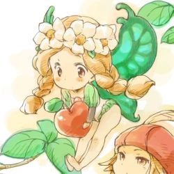 Rule 34 | 1boy, 1girl, barefoot, blonde hair, braid, butterfly wings, chibi, face, fairy, flower, food, fruit, hat, hat feather, ingway (odin sphere), insect wings, mercedes (odin sphere), odin sphere, puff and slash sleeves, puffy sleeves, shirotaka, shirotaka (shirotaka), twin braids, wings