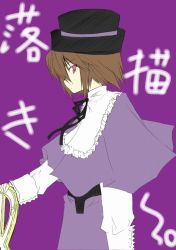 Rule 34 | 00s, 1girl, akane souichi, brown hair, cape, expressionless, from side, holding, long sleeves, looking at viewer, looking to the side, purple background, red eyes, rozen maiden, simple background, solo, souseiseki, upper body
