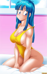 Rule 34 | 1girl, artist request, bare arms, bare legs, bare shoulders, barefoot, bed, bed sheet, blue eyes, blue hair, blunt bangs, blush, breasts, casual one-piece swimsuit, cloud, day, dragon ball, fishing hook, highleg, highleg swimsuit, highres, kame house, large breasts, long hair, looking at viewer, maron (dragon ball), matching hair/eyes, one-piece swimsuit, one eye closed, shiny skin, sideboob, sitting, sky, solo, swimsuit, tenzen, warixa, window, yellow one-piece swimsuit