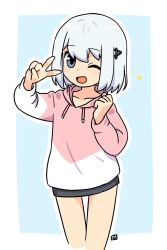 Rule 34 | 1girl, ;d, black skirt, blue background, blush stickers, commentary request, cropped legs, drawstring, grey eyes, grey hair, hair between eyes, hair ornament, hairclip, hands up, highres, hood, hoodie, long sleeves, looking at viewer, muu (mumumer), one eye closed, open mouth, original, outline, pink hoodie, skirt, smile, solo, star (symbol), two-tone background, white background, white hoodie, white outline