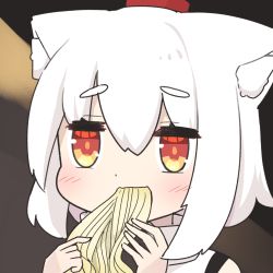 Rule 34 | 1girl, absurdres, ai drawing anime characters eating ramen (meme), animal ear fluff, animal ears, bare shoulders, closed mouth, eating, food, food in mouth, highres, holding, holding food, inubashiri momiji, looking at viewer, meme, noodles, ramen, red eyes, saisoku no yukkuri, shirt, short hair, sleeveless, smile, solo, touhou, upper body, white hair, white shirt, wolf ears, wolf girl