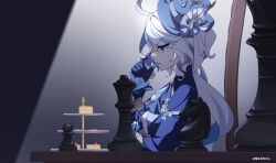 Rule 34 | 1girl, absurdres, ahoge, ascot, biting own finger, blue ascot, blue brooch, blue eyes, blue gloves, blue hair, blue hat, blue jacket, cake, cake slice, cake stand, chess piece, commentary, food, from side, furina (genshin impact), genshin impact, gloves, hat, highres, jacket, knight (chess), light, light blue hair, long hair, long sleeves, looking ahead, miaotai miota, multicolored hair, pawn (chess), rook (chess), solo, spotlight, streaked hair, symbol-only commentary, top hat, upper body, v-shaped eyebrows, wavy hair