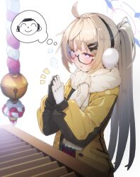 Rule 34 | 1girl, ahoge, bell, black-framed eyewear, black gloves, blonde hair, blue archive, commentary request, doodle sensei (blue archive), earmuffs, glasses, gloves, halo, hatsumoude, highres, hoshi umi, jacket, jingle bell, kotama (blue archive), kotama (camp) (blue archive), long hair, long sleeves, new year, official alternate costume, open mouth, palms together, ponytail, puffy long sleeves, puffy sleeves, purple eyes, purple halo, scarf, semi-rimless eyewear, sensei (blue archive), spoken character, thought bubble, two-sided gloves, under-rim eyewear, very long hair, white gloves, white scarf, yellow jacket