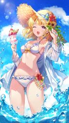 Rule 34 | 1girl, ;d, absurdres, auro drm, bikini, blonde hair, blue nails, blue sky, blunt bangs, blush, bow, breasts, brown hat, cloud, commentary, cowboy shot, cup, day, english commentary, flower, food, frilled bikini, frills, hat, hat flower, hibiscus, highres, holding, holding cup, huge filesize, jacket, long hair, long sleeves, looking at viewer, medium breasts, nail polish, navel, off shoulder, one eye closed, open clothes, open jacket, open mouth, original, outdoors, parfait, pink eyes, red flower, short hair, sky, smile, solo, standing, stomach, straw hat, summer, sun hat, sunflower, swimsuit, wading, water, white bikini, white jacket, yellow bow