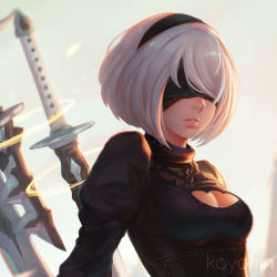 Rule 34 | 1girl, artist name, breasts, cleavage, cleavage cutout, clothing cutout, covered eyes, hair over eyes, koyorin, mole, mole under mouth, nier:automata, nier (series), short hair, solo, sword, weapon, weapon on back, white hair, 2b (nier:automata)