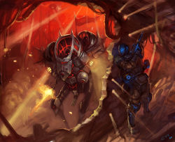 Rule 34 | 3boys, aircraft, broken, broken wall, bullet hole, catsila, dust, dust cloud, explosive, firing, flag, glowing, grenade, gun, helm, helmet, highres, holding, holding grenade, holding gun, holding weapon, light, looking at another, mecha, multiple boys, original, outdoors, red eyes, red flag, robot, science fiction, signature, silhouette, smiley face, smoke, sparks, swastika, uniform, war, weapon, wire