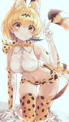 Rule 34 | 1girl, absurdres, adapted costume, animal ears, bare shoulders, bbeedol, blonde hair, bow, bowtie, breasts, crop top, elbow gloves, extra ears, fang, fang out, feathers, gloves, hand up, highres, kemono friends, kneeling, large breasts, leaning forward, looking at viewer, micro shorts, midriff, mouth hold, navel, serval (kemono friends), serval print, serval tail, shirt, short hair, shorts, sleeveless, sleeveless shirt, smile, solo, stomach, tail, thigh gap, thighhighs, thighs, traditional bowtie, v, white background, white gloves, white shirt, yellow eyes