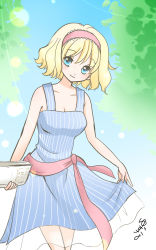 Rule 34 | 1girl, alice margatroid, alternate costume, blonde hair, blue dress, blue eyes, book, breasts, casual, cleavage, dress, hairband, highres, holding, lolita hairband, looking at viewer, signature, smile, solo, sundress, touhou, yuzuna99