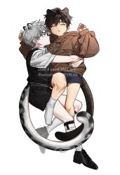 Rule 34 | 1blgs, 2boys, aged down, animal ears, bite mark on face, black footwear, black shorts, black sweater, blue shorts, brown hoodie, cat ears, cat tail, child, closed eyes, collared shirt, highres, hood, hoodie, hug, ilay riegrow, jeong taeui, long sleeves, looking at another, male focus, multiple boys, parted lips, passion (manhwa), shirt, short hair, short sleeves, shorts, simple background, sleeping, snow leopard ears, snow leopard tail, socks, sweater, sweater vest, tail, teeth, twitter username, white background, white shirt, white socks