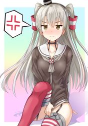 Rule 34 | 10s, 1girl, amatsukaze (kancolle), anger vein, atatata71, bad id, bad pixiv id, blush, choker, covering crotch, covering privates, dress, embarrassed, garter straps, gradient background, hair tubes, highres, kantai collection, karikura (atatata71), long hair, looking at viewer, multicolored background, nose blush, red thighhighs, sailor dress, short dress, silver hair, sitting, solo, speech bubble, spoken anger vein, striped clothes, striped thighhighs, thighhighs, two side up, yellow eyes