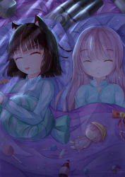 Rule 34 | 2girls, :d, :o, ^ ^, absurdres, animal ears, azur lane, bell, blue shirt, blunt bangs, bow, brown hair, candy, candy cane, candy wrapper, cannon, cat ears, character doll, closed eyes, coke bottle, commentary request, crayon, drooling, facing viewer, food, glass bottle, highres, jingle bell, kisaragi (azur lane), lifebuoy, lollipop, long hair, long sleeves, lying, miao yue, multiple girls, mutsuki (azur lane), no animal ears, on back, open mouth, parted lips, pillow, pink hair, red bow, saliva, shirt, short hair, smile, swim ring, torpedo, turret, under covers, uzuki (azur lane), very long hair