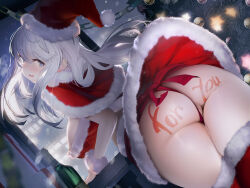 Rule 34 | 1girl, :d, absurdres, ahoge, ass, ass focus, blue eyes, blush, body writing, bottle, breasts, building, capelet, christmas, christmas tree, clothes lift, covered erect nipples, ear blush, from behind, fur-trimmed thighhighs, fur trim, hat, highres, kaede (sayappa), large breasts, long hair, looking at viewer, looking back, miniskirt, night, night sky, no bra, non-web source, open mouth, original, outdoors, partially visible vulva, pussy juice, santa costume, santa hat, skirt, skirt lift, sky, smile, solo, star (sky), star (symbol), strapless, thighhighs, thong, tube top, white hair, wind