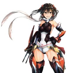 Rule 34 | 1girl, alternate costume, armpits, asura ninja, bare shoulders, black hair, black leotard, breasts, cosplay, elbow gloves, gloves, groin, hair between eyes, hair ornament, hand on own hip, highres, kantai collection, leotard, long hair, looking at viewer, mecha musume, medium breasts, megami device, muscular, parted lips, scarf, sendai (kancolle), simple background, smile, solo, standing, teeth, thighhighs, thighs, torpedo, torpedo tubes, tsukira (amayadori), turret, white background, yellow eyes