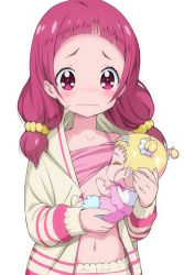 Rule 34 | 10s, 2girls, baby, beige jacket, beige pants, blonde hair, blush, breastfeeding, camisole, camisole lift, closed eyes, closed mouth, clothes lift, collarbone, commentary, fingernails, holding, hug-tan (precure), hugtto! precure, jacket, kimagure blue, long hair, low twintails, multiple girls, navel, nono hana, nose blush, open clothes, open jacket, pants, pink camisole, precure, purple eyes, purple hair, revision, simple background, sweat, twintails, two side up, wavy mouth, white background