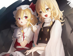 Rule 34 | 2girls, :d, apron, ascot, black vest, blanket, blonde hair, blush, book, braid, buttons, commentary request, cup, double-breasted, eyelashes, fang, flandre scarlet, frilled apron, frills, hair between eyes, hair ribbon, hat, hat ribbon, highres, holding, honotai, index finger raised, kirisame marisa, long hair, looking at another, mob cap, mug, multiple girls, no headwear, one side up, open mouth, pointy ears, puffy short sleeves, puffy sleeves, red eyes, red ribbon, red vest, ribbon, shirt, short sleeves, sidelocks, single braid, skin fang, smile, touhou, tress ribbon, vest, waist apron, white apron, white headwear, white ribbon, white shirt, wrist cuffs, yellow ascot, yellow eyes