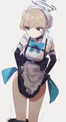 Rule 34 | 1girl, apron, blue archive, blue bow, blue bowtie, blue eyes, bow, bowtie, chest harness, closed mouth, clothes pull, commentary request, cowboy shot, dot mouth, epi zero, expressionless, halo, harness, highres, light brown hair, looking away, maid, maid headdress, short hair, simple background, skirt, skirt pull, solo, toki (blue archive), traditional bowtie, undressing, waist apron, white apron, white background