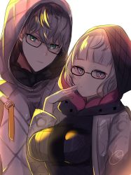 Rule 34 | 1boy, 1girl, black dress, blue eyes, breasts, cropped jacket, dress, dual persona, fate/grand order, fate (series), glasses, green eyes, grey hair, hood, hood up, jacket, jacques de molay (foreigner) (fate), jacques de molay (saber) (fate), kankitsu kei, large breasts, long sleeves, looking at viewer, open clothes, open jacket, short hair, white jacket
