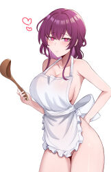Rule 34 | 1girl, absurdres, apron, bare arms, bare shoulders, blush, breasts, commentary request, cowboy shot, heart, highres, holding, honkai: star rail, honkai (series), kafka (honkai: star rail), kisa (leg3043), korean commentary, ladle, large breasts, long hair, looking at viewer, naked apron, purple eyes, purple hair, revision, smile, solo, standing, thighs, white apron