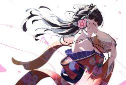 Rule 34 | 1girl, artist name, artist request, bare shoulders, black hair, blunt bangs, breasts, cleavage, closed eyes, collarbone, female focus, floating hair, floral print, flower print, headphones, headset, japanese clothes, kimono, kurosawa dia, long hair, looking at viewer, love live!, love live! sunshine!!, medium breasts, mole, mole under mouth, musical note, nail, nail polish, petals, pink nails, pink petals, red kimono, solo, upper body, white background, wide sleeves