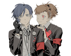 Rule 34 | 192 saioma, 1boy, 1girl, armband, black gloves, blue hair, brown hair, collared shirt, digital media player, facing viewer, gekkoukan high school uniform, gloves, grey eyes, hair ornament, hairpin, headphones, headphones around neck, highres, jacket, looking at another, open clothes, open jacket, persona, persona 3, persona 3 portable, ponytail, red eyes, s.e.e.s, school uniform, shiomi kotone, shirt, short hair, sketch, smile, upper body, white background, white shirt, yuuki makoto (persona 3)