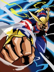 Rule 34 | 1boy, all might, antenna hair, blonde hair, blue bodysuit, bodysuit, boku no hero academia, clenched hands, foreshortening, glaucosilvaart, grin, highres, male focus, mature male, mixed-language commentary, motion lines, muscular, muscular male, punching, short hair, smile, superhero costume, thick eyebrows