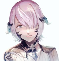 Rule 34 | 1girl, au ra, bad id, bad pixiv id, closed mouth, dragon girl, dragon horns, final fantasy, final fantasy xiv, gradient hair, hair over one eye, highres, horns, kuroge (kewagyuu), looking at viewer, multicolored hair, pink hair, portrait, scales, short hair, simple background, smile, solo, two-tone hair, warrior of light (ff14), white background, white hair