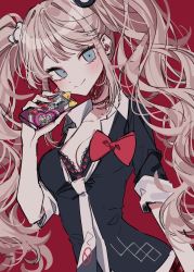 Rule 34 | 1girl, bear hair ornament, black shirt, blonde hair, blue eyes, blush, bow, bra, breasts, choker, cleavage, collarbone, commentary request, danganronpa: trigger happy havoc, danganronpa (series), enoshima junko, hair ornament, highres, long hair, looking at viewer, medium breasts, nail polish, necktie, patzzi, pink hair, red background, red bow, shirt, simple background, skirt, sleeves rolled up, smile, solo, twintails, underwear, white necktie