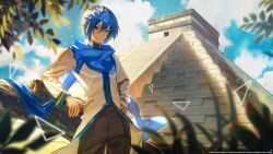 Rule 34 | 1boy, blue eyes, blue hair, blue scarf, chichen itza, closed mouth, cloud, commentary, cowboy shot, daniel deng, english commentary, hair between eyes, hand on own hip, headset, highres, kaito (vocaloid), leaf, log, long sleeves, looking at viewer, male focus, outdoors, project sekai, scarf, short hair, solo, vocaloid