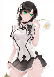 Rule 34 | 1girl, absurdres, assault lily, bad id, bad pixiv id, black choker, black skirt, black thighhighs, breasts, choker, closed mouth, commentary request, cowboy shot, flower, green eyes, hair over shoulder, highres, holding, holding flower, lily (flower), looking at viewer, low ponytail, medium breasts, medium hair, meen (ouaughikepdvrsf), short sleeves, side ponytail, simple background, skirt, solo, thighhighs, wang yujia, white background, zettai ryouiki