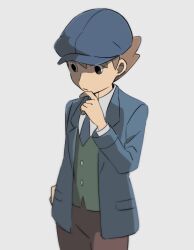 Rule 34 | 1boy, black eyes, blue hat, blue jacket, blue necktie, brown hair, brown pants, cabbie hat, closed mouth, commentary request, cowboy shot, future luke, green vest, grey background, hand on own chin, hand on own hip, hand up, hat, jacket, long sleeves, looking down, male focus, marutei2, necktie, open clothes, open jacket, pants, professor layton, shirt, short hair, simple background, solo, standing, thinking, vest, white shirt